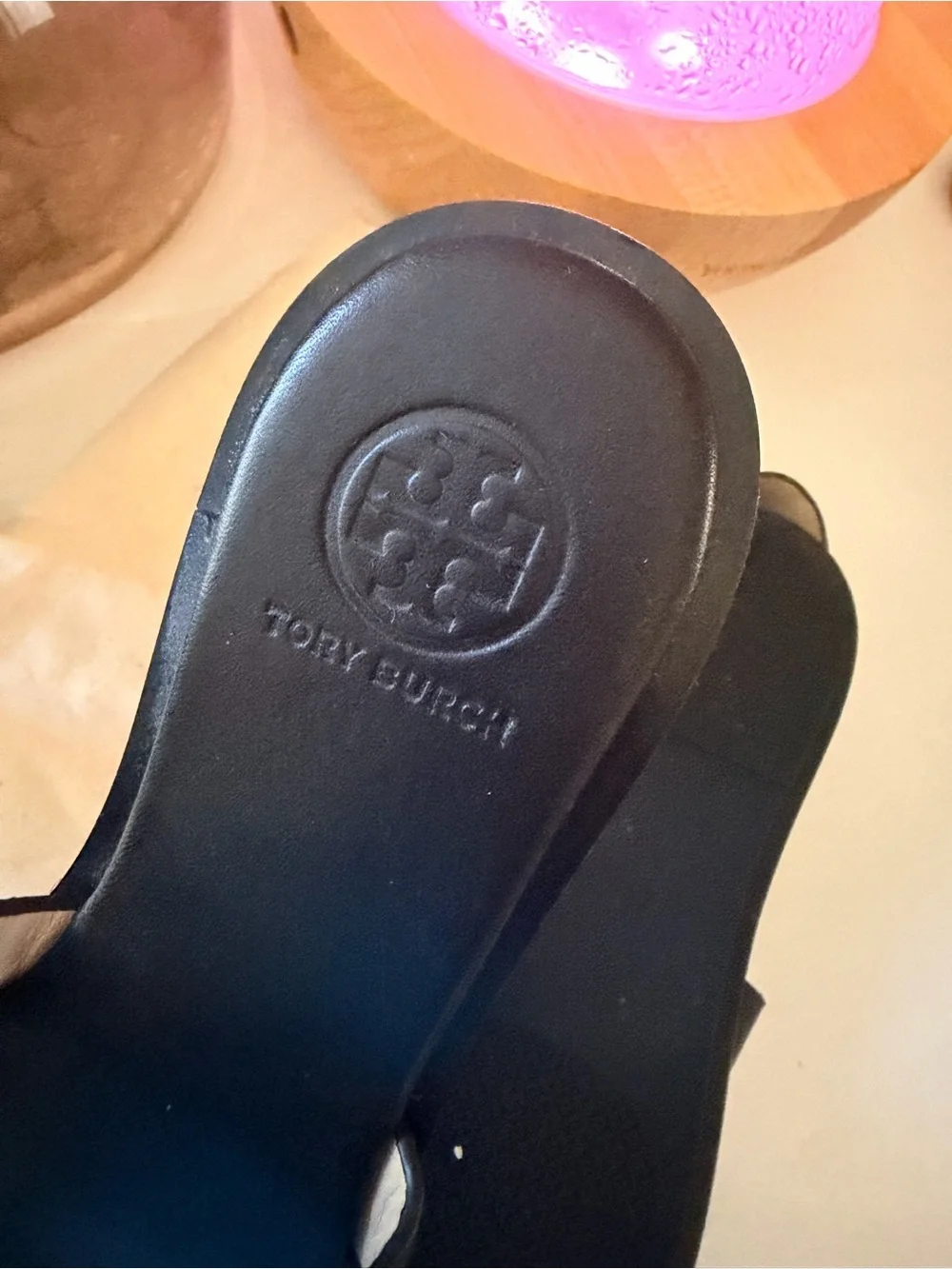 Tory Burch Black Sandals with Gold Logo Accent